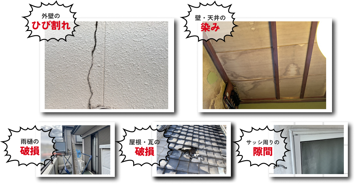 外壁のひび割れ／壁・天井の染み／雨樋の破損／屋根・瓦の破損／サッシ周りの隙間